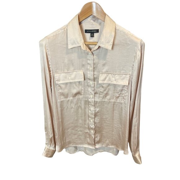 Banana Republic Tan Satin Button Up Long Sleeve Blouse Top Sz M - Picture 1 of 9